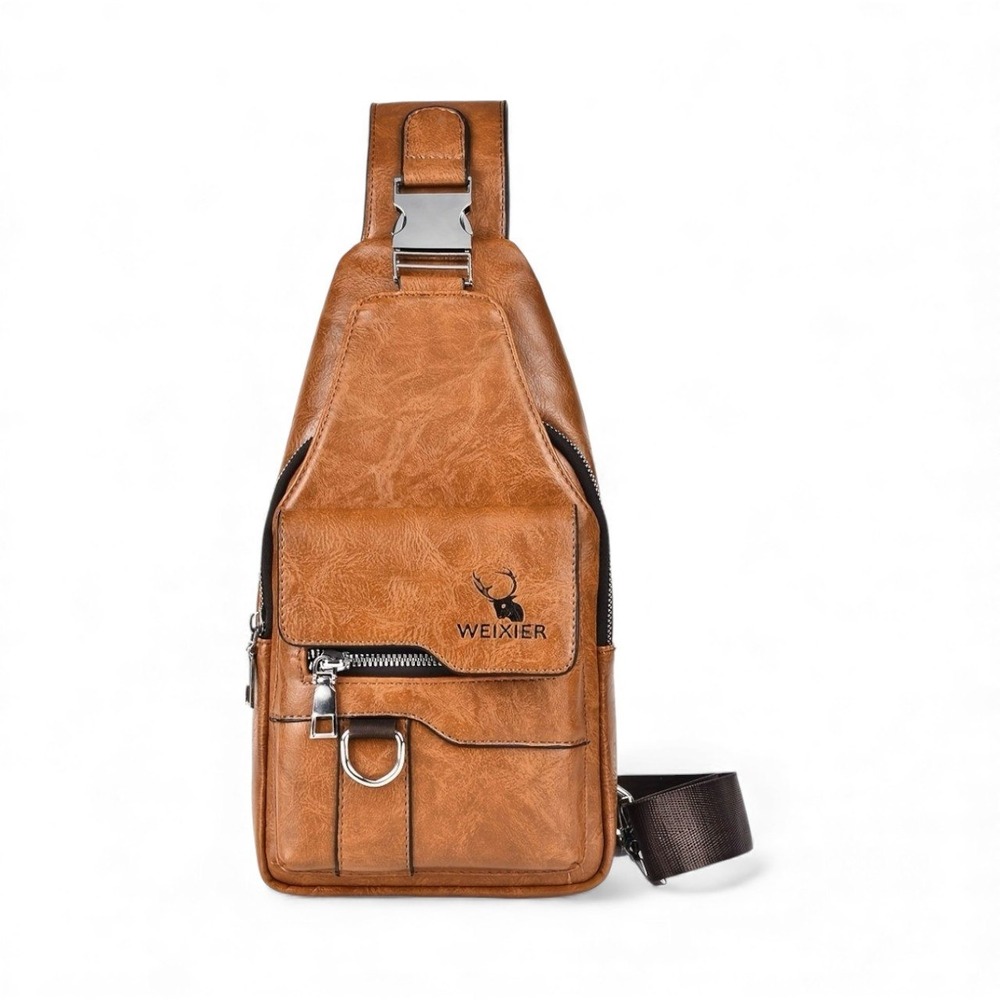 WEIXIER Tan Leather Crossbody Sling Bag with Front Pocket